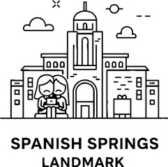 Naklejka premium Spanish Style Landmark Building and Sad People Line Art