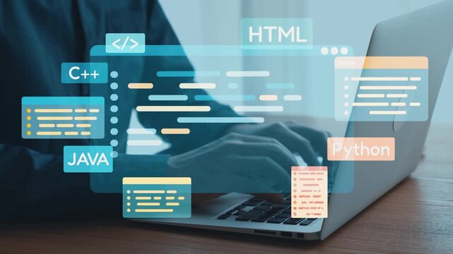 A programmer focuses on coding while typing on a laptop, with vibrant overlays of popular programming languages like HTML, Java, Python, and C in a bright office environment. Qubit
