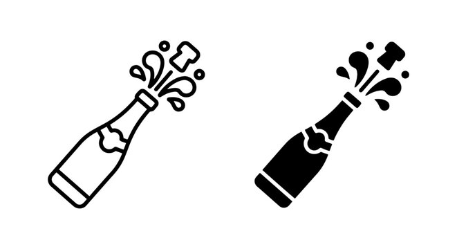 Champagne Bottle Celebration Icons, Sparkling Wine Pop Vector Set, Festive Beverage Splash Graphics