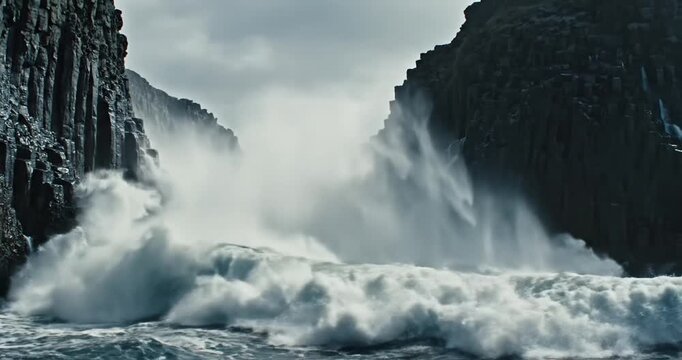 Powerful ocean waves crashing against rugged cliffs under a stormy sky, creating dramatic scenery