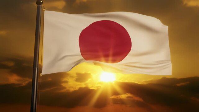 日の出の黄金光に包まれる荘厳な日本国旗