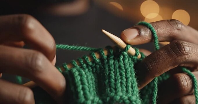 Close up of hands knitting with green wool yarn and wooden needles