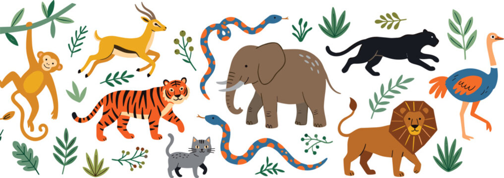 Wildlife Animal Illustration Set with Jungle Creatures, Cats, Tigers, Elephants, Lions, Snakes, and Birds for Digital Media and Print