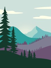 Fototapeta premium Minimalist flat vector landscape of mountains and pine forest at sunset.