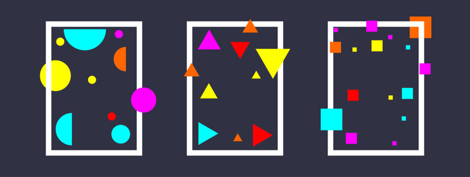 Three colorful geometric shapes float in white-framed panels. Bright circles and triangles burst against dark backgrounds. Vibrant hues contrast minimalist frames with bold design