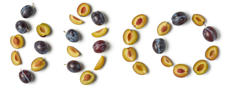 Fresh purple plums arranged in circular patterns on a clean white background, for food