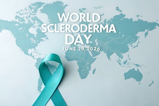 World scleroderma day design featuring a prominent turquoise awareness ribbon positioned against a stylized world map background to observe the global health event on june twenty ninth twenty twenty s