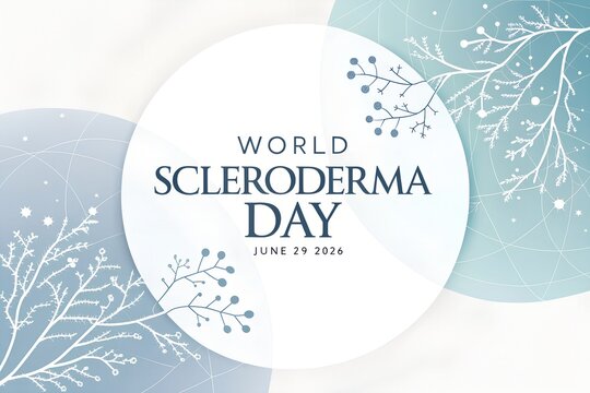 World scleroderma day design featuring artistic blue and white floral branch patterns on a circular background element serves as a commemorative social media graphic template to raise awareness for th