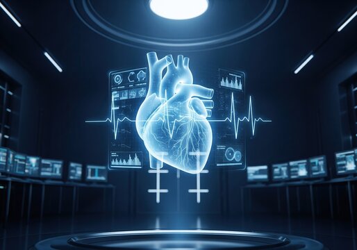 Holographic human heart with vital signs displayed on futuristic medical interface