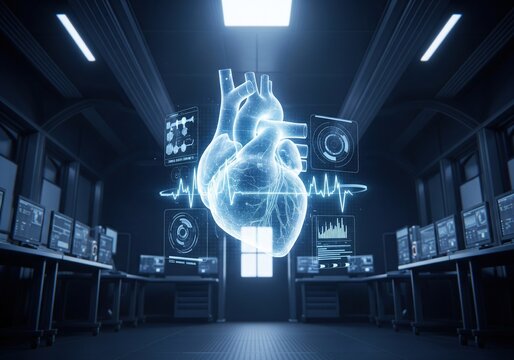 Holographic futuristic heart with medical data displays in a high-tech laboratory