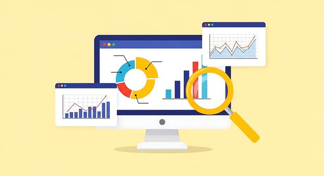 A magnifying glass examines data charts and graphs on multiple computer monitors displaying statistics and analytics.