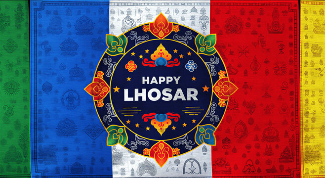 Colorful traditional losar festival greeting card with intricate decorative patterns and vibrant designs