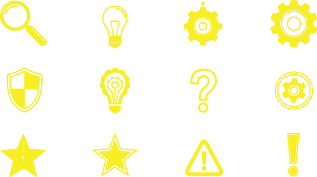 Collection of yellow icons representing ideas, security, questions, and warnings, presented in a clean, graphic style