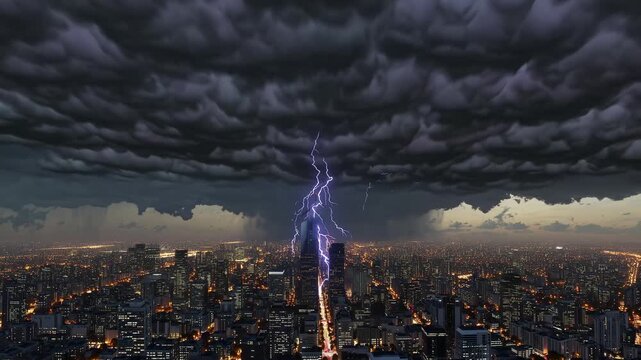 A spectacular lightning storm over a modern cityscape at night. Massive storm clouds unleash powerful electrical bolts onto skyscrapers. Dramatic urban weather phenomenon