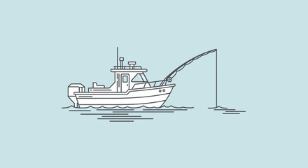 Obraz premium Fishing boat with rod and line in the ocean, minimalist line art illustration
