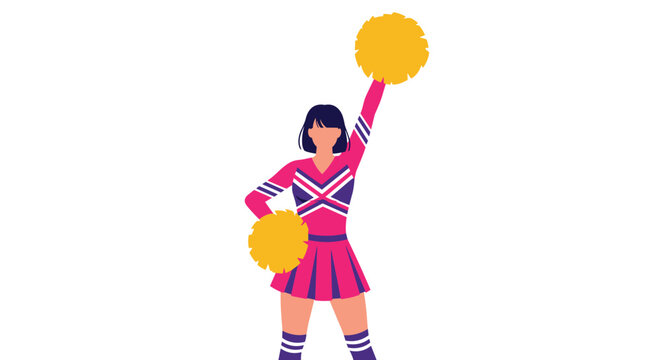 Young cheerleader in vibrant pink and purple uniform holding yellow pom-poms high in spirited pose against a clean white background.