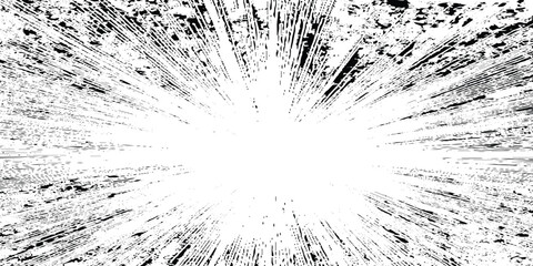 Abstract radial explosion with ink splatter lines bursting from the center, high-contrast black and white, dynamic motion, vintage grunge texture vector illustration, minimalist background. © TextureStock