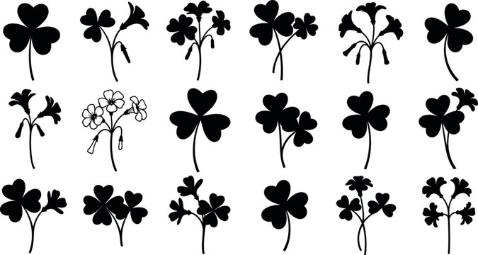 Collection of black silhouettes of clover and bell-shaped flowers on white shamrock