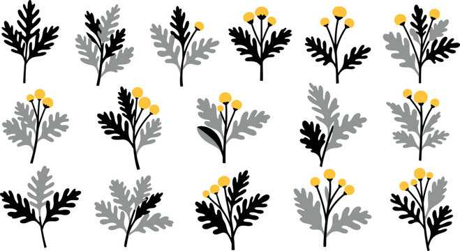 Collection of stylized floral with black, grey leaves and yellow buds plant leaf