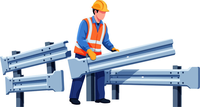 Construction worker assembling metal guardrails for a highway project vector can Editable