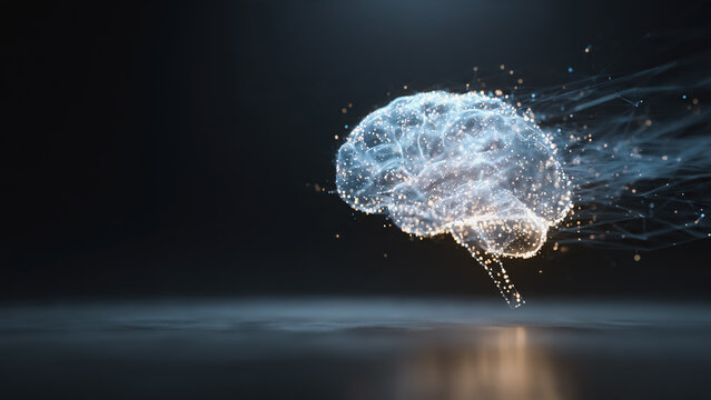 a glowing digital brain made of neural network particles and light connections floating in a dark space, representing artificial intelligence, machine learning, and human consciousness technology.