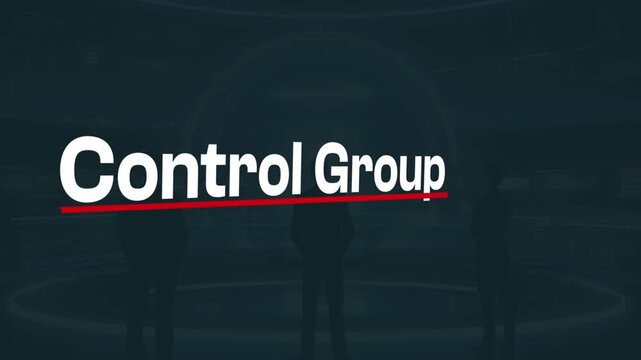 Control Group: Text overlaid on a dark background. The words Control Group appear prominently, accompanied by an underlaid red line. Silhouette figures can be perceived, adding depth to the visual. 