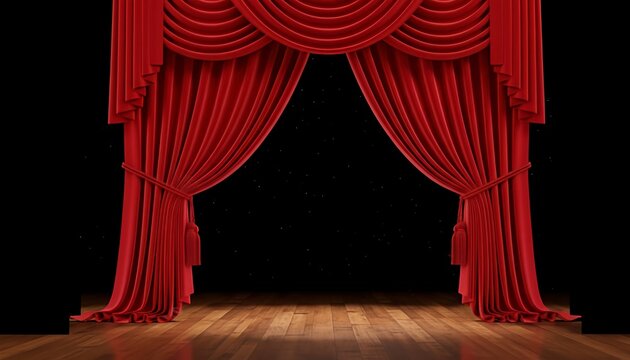Dramatic red curtains on a stage with a spotlight shining through opening to a dark background with a wooden floor evoking anticipation and performance