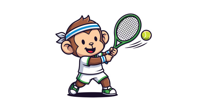 Cute cartoon monkey character playing tennis with racket and ball energetic sports illustration fun animal athlete
