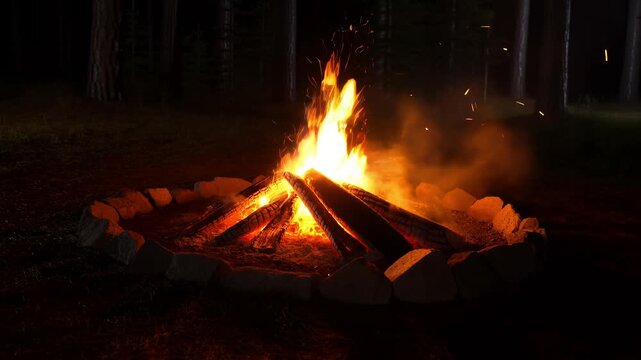 Campfire burning in a forest at night. Bright flames and sparks from a bonfire in a stone pit. Camping and outdoor adventure concept