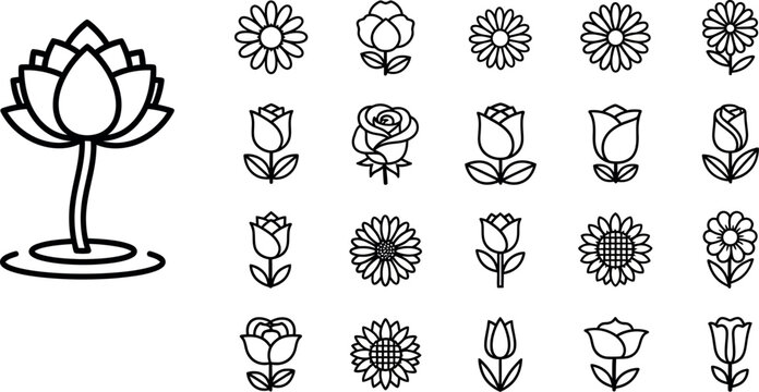 Black line of 20 different flower including a large lotus flower flowers line black and white rose