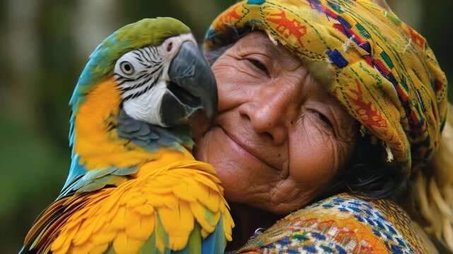 Mayan woman, traditional dress, tenderly embracing vibrant blue and yellow macaw, depicting ancient Mesoamerican civilization, cultural connection, natural harmony, indigenous heritage