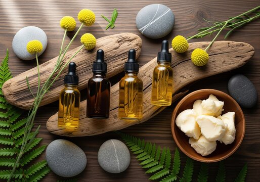 Natural spa ingredients with essential oils and shea butter on a wooden background