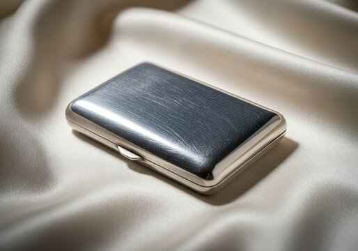 Close-up of an antique silver cigarette case resting on soft, draped satin fabric