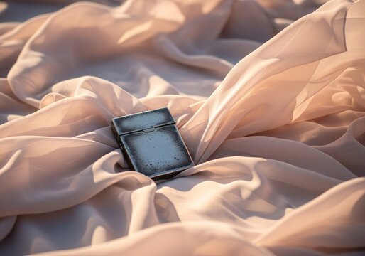 Vintage cigarette case resting on flowing fabric with soft lighting