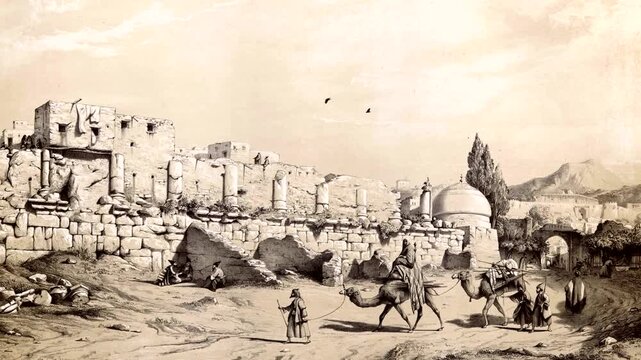  Historic illustration scene showing travelers with camels approaching an ancient city with domes and walls. Cultural depiction of desert trade route and early urban life. 