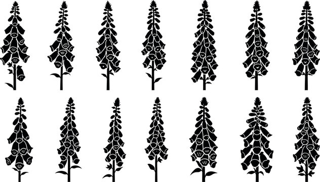 lack silhouette of flowering plants, pattern of 10 identical floral flowers