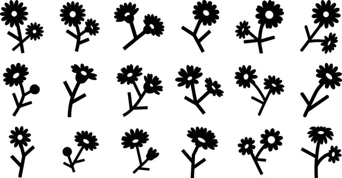  Black silhouettes of daisies and buds on white background, floral pattern flowers
