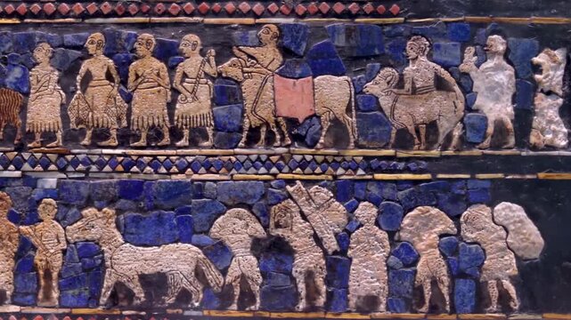  Colorful ancient mosaic artwork depicting historical human and animal figures. Decorative stone tiles forming a traditional cultural pattern representing artistic heritage. 