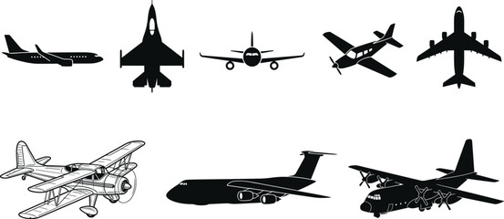 Airplane silhouette collection featuring passenger jets fighter aircraft propeller planes and cargo airplanes isolated vector set © MdShah