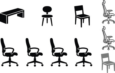 Fototapeta premium Chair and desk silhouette collection featuring office chairs wooden seating and furniture icons isolated vector set