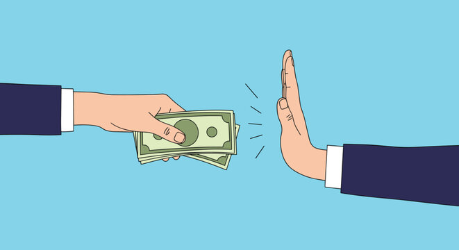 Hand firmly refuses a stack of cash bills as a gesture against bribery and corruption in business or government.