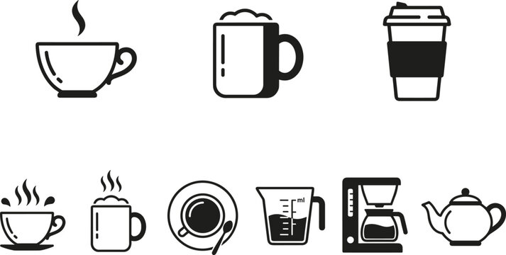 Coffee and tea icons set featuring cups mugs takeaway drink kettle coffee maker and hot beverage silhouettes collection