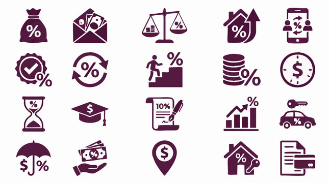 Financial and Economic Icons Set: Money, Interest Rates, Loans, and Investments