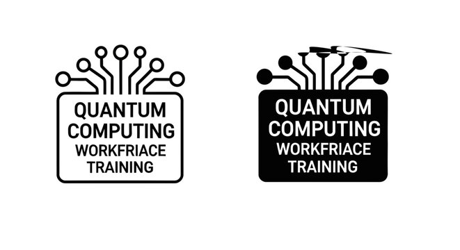 Quantum computing, technology icons, training logos, workflow symbols, black and white graphics