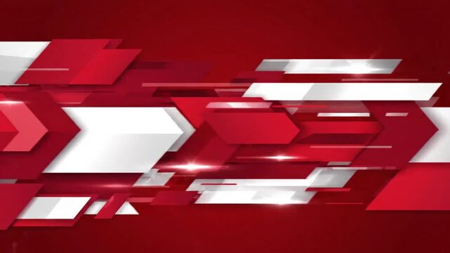 A fast-paced abstract animation of layered red and white geometric shapes sliding and intersecting across the frame, creating a dynamic, high-energy background ideal for transitions and broadcast desi