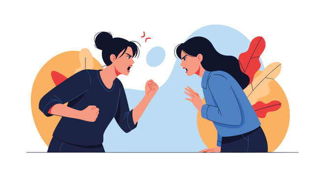 Two angry women having a fierce argument and shouting at each other with clenched fists during an intense social or workplace conflict.