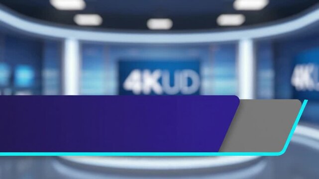A modern virtual studio background with a sleek lower-third banner in blue and purple tones, set against a softly blurred 4K broadcast environment, ideal for news, presentations, or corporate video ov