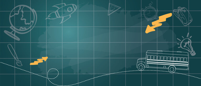 School background in chalkboard style with white doodles: a bus, a globe, and a rocket. Horizontal vector layout with space for text. For banners, education advertising, and the start of the school ye