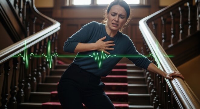 Experiencing cardiac distress, a person clutches their chest on a staircase, illustrating heart health concerns, potential disease, and the critical need for timely medical intervention and support