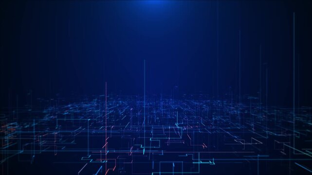 Blue futuristic digital city grid glowing lines, towers, circuit paths, dark tech perspective. smart city videos, AI intros, network explainers, data dashboards, software promos, cyber overlays.